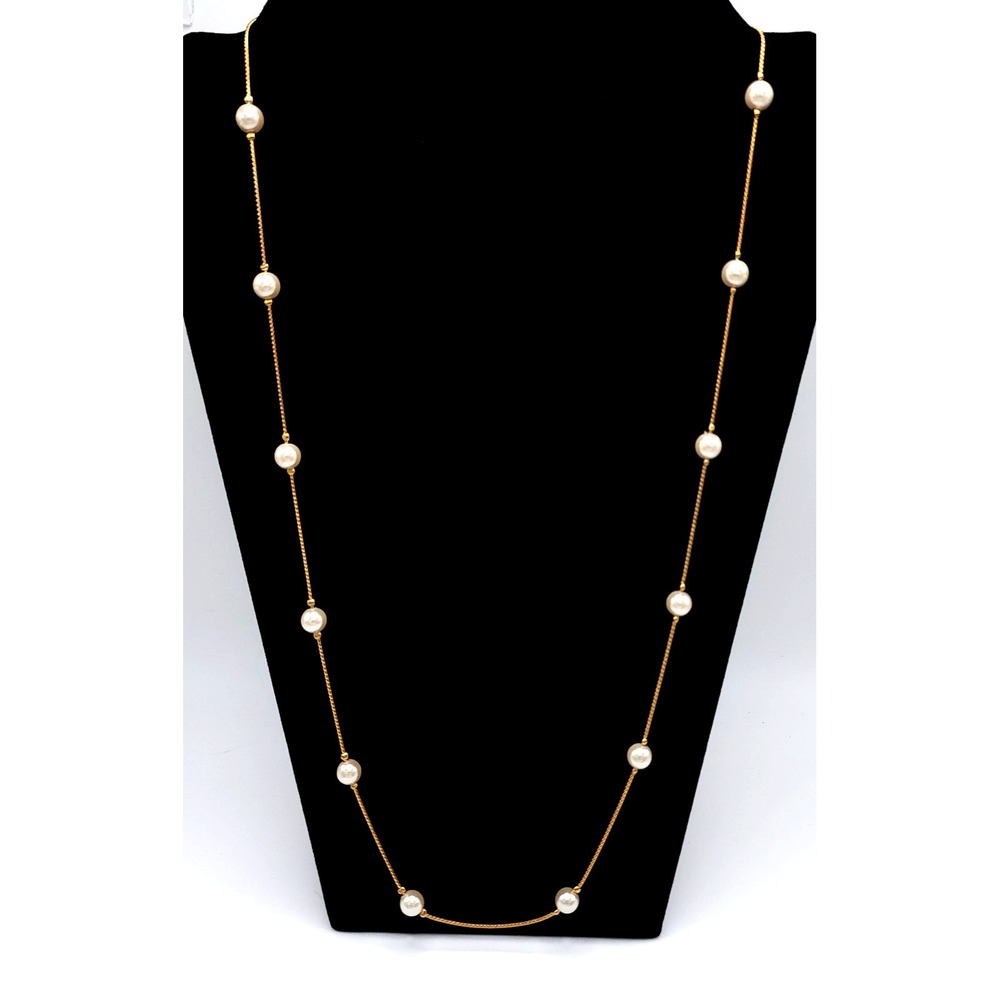 Gold Tone Faux Pearl Station Necklace Layered‎ 30in